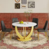 Table and chair set.Luxurious Snow Mountain White Slab Round Dining Table Set - 47"x47" with 4 Black PU Chairs with Simple Line Designs On The Backrest .Golden Metal Legs.
