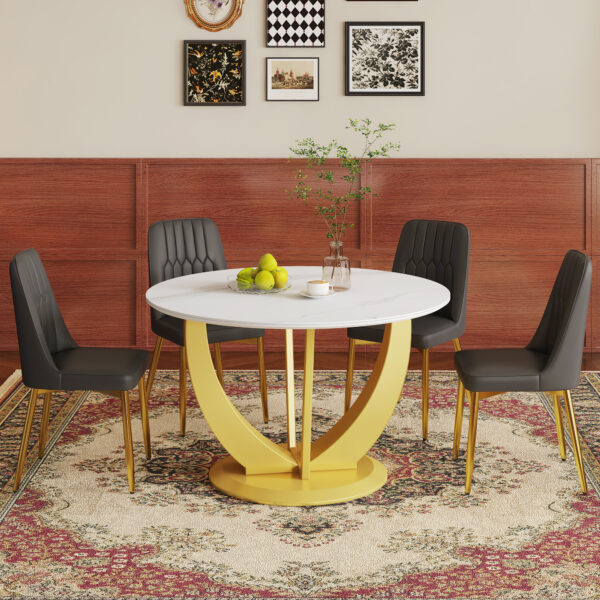 ef0ceca19d154d1e8511085352d367fe_29ff90fa1986c779ef2de2e101c8f4f0 Table and chair set.Luxurious Snow Mountain White Slab Round Dining Table Set - 47"x47" with 4 Black PU Chairs with Simple Line Designs On The Backrest .Golden Metal Legs.