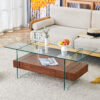 43.3 Inch Modern Two-Tier Coffee Table - Clear Tempered Glass and Dark Wood Grain, Multifunctional Storage Design.The bottom tier includes a drawer.Can be used as a coffee table,side table,etc.