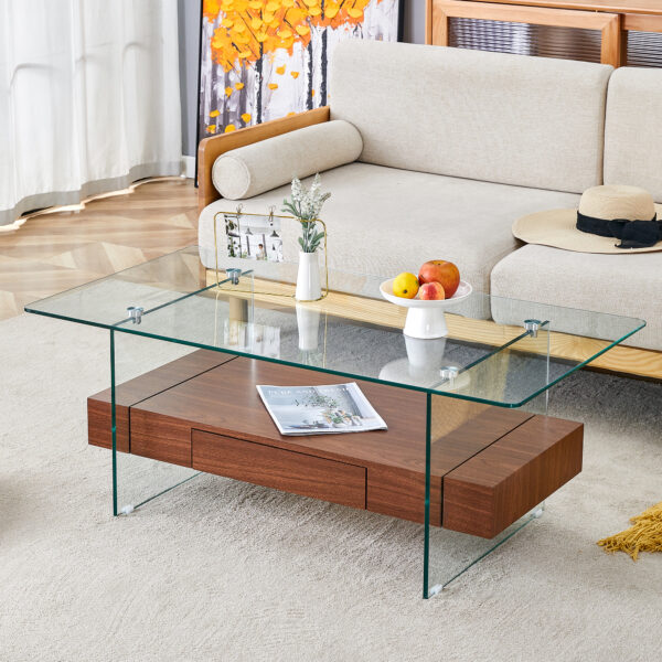 43.3 Inch Modern Two-Tier Coffee Table - Clear Tempered Glass and Dark Wood Grain, Multifunctional Storage Design.The bottom tier includes a drawer.Can be used as a coffee table,side table,etc.