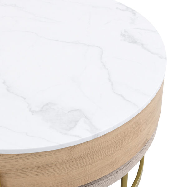 Modern Round Lift-Top Coffee Table with Storage & 3 Ottoman White & Natural