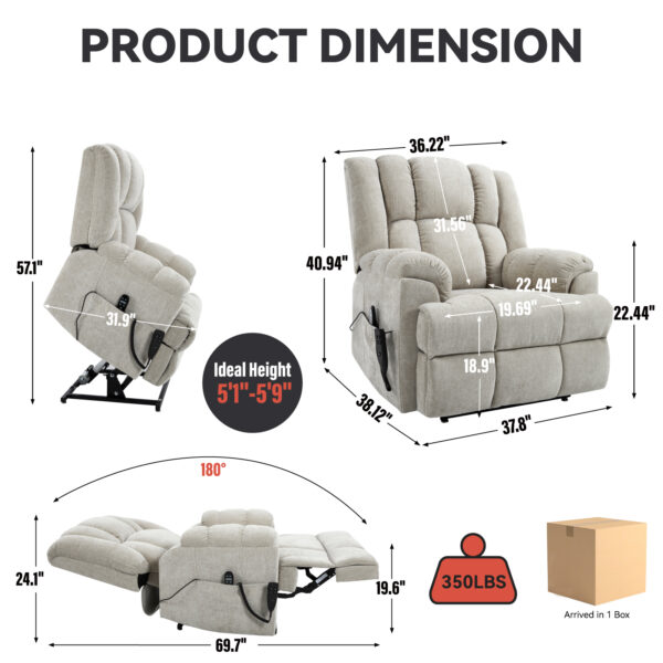 Dual Motor Heat Massage Infinite Position Up to 350 LBS Electric Power Lift Recliners with Power-Remote, Medium-firm and Heavy Duty, Beige