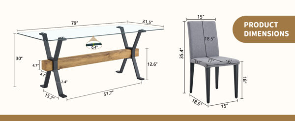ef2cdcf26556476b9dfa932c5f80a3f0_9ddf2e9af5c50b9166b044350ab86fe5 Table and chair set.79"x31.5" Inch Tempered Glass Tabletop With X-shaped Black Metal Table Legs,Wood Grain Textured MDF Crossbeam.Paired With 8 Light Gray Linen-Cotton Dining Chairs.