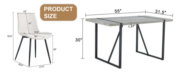 ef5d5a07f1fe4c828f09bfdba8eb0a9a_f267488f204e87a2113d2b0fd423110b Table and chair set. Modern minimalist grey marble textured MDF dining table with metal frame. Comes with chairs with 4 PU cushions and black metal legs.