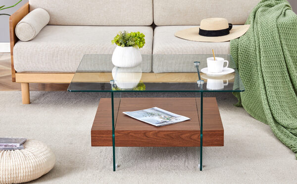 ef659cacffee4ada9d79facc5c52d54b_00b4cdee0a949c4968b663ae540f540b 31.4 Inch Modern Two-Tier Square Coffee Table - An Elegant Combination of Clear Glass and Dark Wood Texture Sticker It can be used not only as a coffee table but also as a side table or display stand.