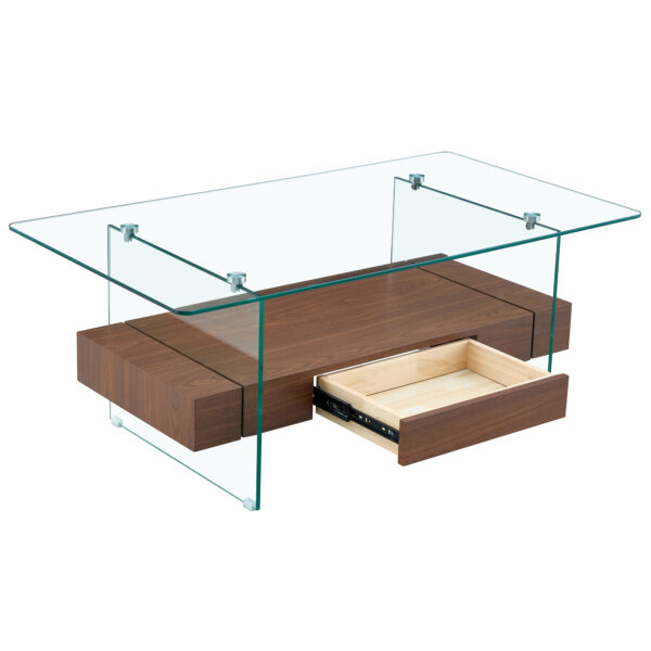 43.3 Inch Modern Two-Tier Coffee Table - Clear Tempered Glass and Dark Wood Grain, Multifunctional Storage Design.The bottom tier includes a drawer.Can be used as a coffee table,side table,etc.