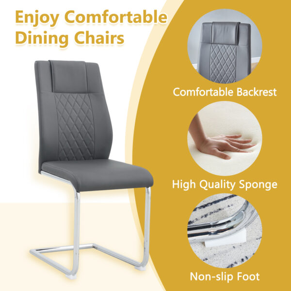 ef738d6235b24e5287a6dde98a0ac976_0e2aea4deece357402e23c6d6014ca09 Table and chair set.55"x31.4" Cream-Style White MDF Dining Table Set with 4 Dark Gray Chairs With Silver Metal Legs.MDF Tabletop and metal frame legs.Adding a warm atmosphere to your family.