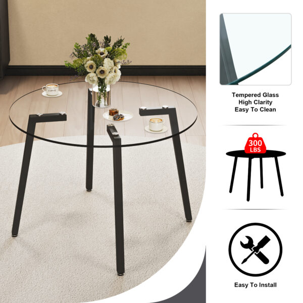 ef7911a6530b4ebe8eed5e4d592c69f5_20240207_ba336298cb7c759230b7cfc271421544 Modern simple style round transparent tempered glass table, tempered glass table top, black metal legs, suitable for kitchen, dining room and living room, 40 "*40" *29.5 "1123r