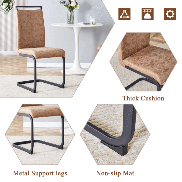 Table and chair set.A retro rectangular dining table with a wood color fishbone textured top and black metal legs.Paired With 6 Brown technology fabric chairs with Featuring arched black legs.