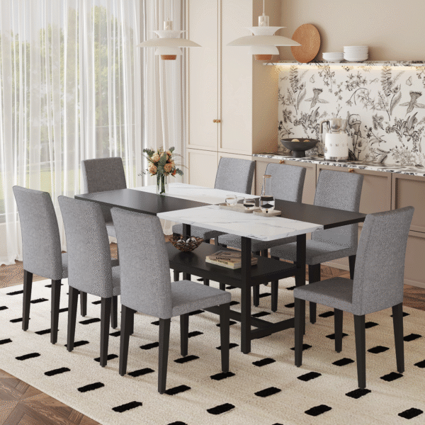 efa777d1b62a43388b8abd5b32c433d5_33495a36ab0aee3dc842fbb659c58c51 Table and chair set.71*35.4 inch White And Black Spliced Dining Table With Storage Function In The Middle Of The Table Legs.Paired With 8 Light Gray Linen-Cotton Dining Chairs, Simple And Versatile.