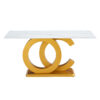 Table and chair set.Subtle Luxury Tempered Glass Dining Set - 63"x35.4" with 6 Black PU Chairs with golden C-tube metal leg.Arched Metal Gold Leg.White imitation marble texture sticker Tabletop.