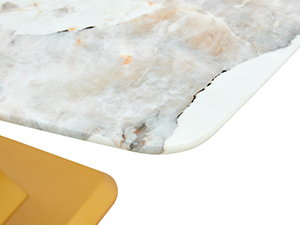 efc06662b9434b2a91da549217afd3ce_cac1521b696263103f5e309ae36eb59d A modern minimalist dining table. Imitation marbled glass tabletop. Gold MDF table legs for kitchen and living room