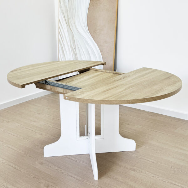 efc7c03e9bb745bb827dd42e7b87edbc_104fdb1152b53bd7a0a825d94c77822d Dining Table for Farmhouse Kitchen 59x43 Inch Expandable Oval Table Top with Removable Leaf Trestle X Shaped Base White