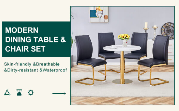 efdd0f9e62894aa78e0b79b9793aa151_68e370ab74dd79d7ec5410494c9d634d Table and chair set.31.5 Inch Elegant White Marble Pattern Round Dining Table - Suction Molding Annular Texture.Paired With 4 Black PU Material High Resilience Dining Chairs.
