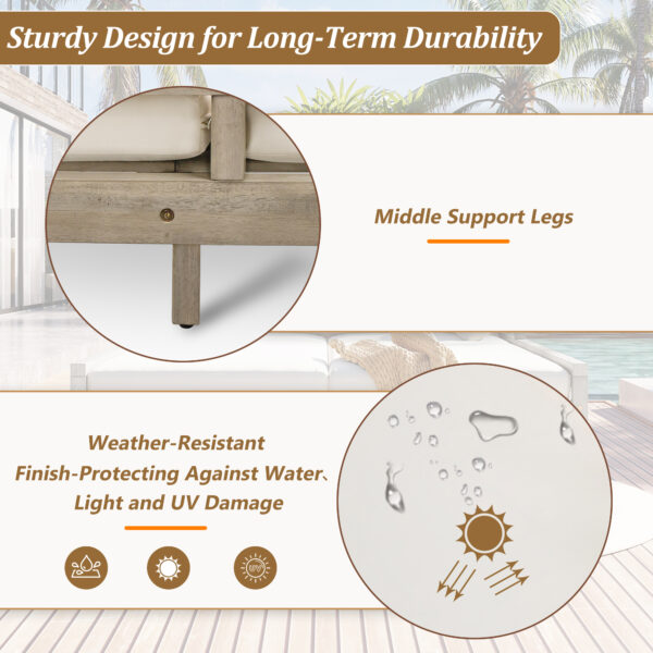 TREXM Outdoor Daybed, Patio Daybed with Four Pillows, Wooden Outdoor Bed with Curved Armrests for Poolside, Backyard, Garden (Gray+Beige Cushion)