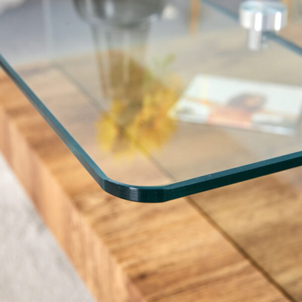 f00523c0e52041899e7641425cc3bcf7_b34bf4fe7a78c1490b6ba87faa947e51 31.4 Inch Modern Two-Tier Square Coffee Table -An Elegant Combination of Clear Glass and Light Wood Texture Sticker.It can be used not only as a coffee table but also as a side table or display stand.
