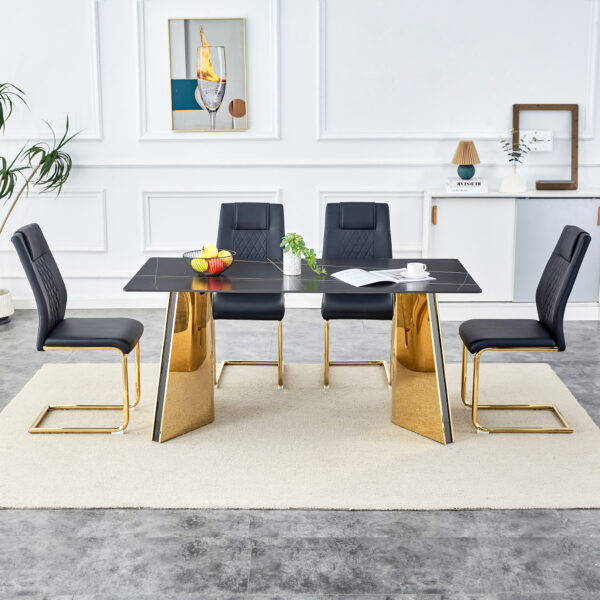 f007a551607d4dfaac956e7edb409d5a_fd29fdd00048601aaf8b65ab7162374e Table and chair set.63"x31.5x30"Black Texture With Lines Patterned Sintered Stone Table with Golden Stainless Steel Butterfly Legs.Paried With 4 Black High-quality PU Chairs With Golden Metal Legs.