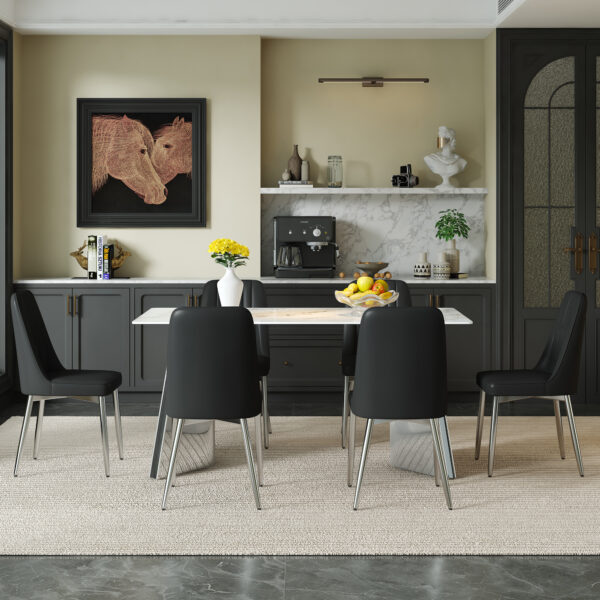 f011821bdd2749b499c4d401bee2481e_0566682509aec2c7dea2bee2bf11e5f9 Table and chair set.63*31.4 Inch Luxurious Cold Jade Sintered Stone Dining Table Set - 6 Black Chairs With Silver Metal Legs.Modern Light Luxury.Perfect For Dinner Room,Meeting Room,Kitchen,etc.
