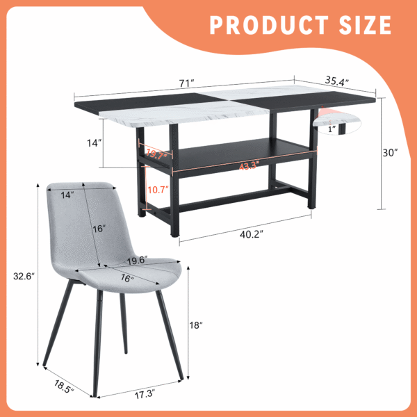 f017e887042947798bf14f459df4a7cd_52095088c6560543cd5028aa51bb0f37 Table and chair set.71*35.4 inch White And Black Spliced Dining Table With Storage Function In The Middle Of The Table Legs.Paired With 6 Light Gray Linen Dining Chairs With Curved Widened Cushion.