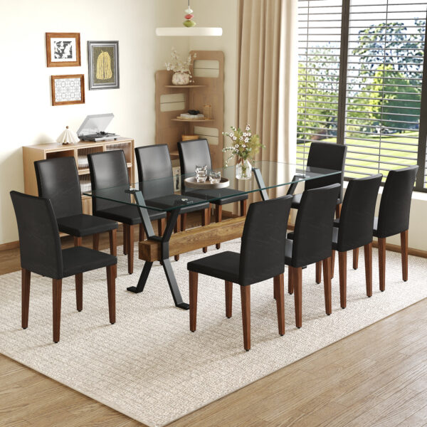 f0220a81b3c644cbbc01c6d06579880c_d771a936b5137b41323ed5fa8fc8c695 Table and chair set.79"x31.5" Inch Tempered Glass Tabletop With X-shaped Black Metal Table Legs,Wood Grain Textured MDF Crossbeam.Paired With 10 Black PU Dining Chairs with Walnut Color Metal Leg.