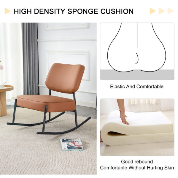 PU material cushioned rocking chair, unique rocking chair, cushioned seat, brown backrest rocking chair, black metal legs. Comfortable side chairs in the living room, bedroom, and office