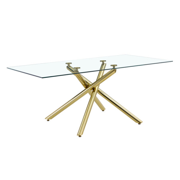 f03d84139fe0431891c2ac1a3eba4d4c_98bf086bf3154d798d1c37ffd951d959 Table and chair set.Modern Luxurious Transparent Tempered Glass Dining Table Set with 8 Chairs.Single Fork Golden Metal Table Legs.Black high-quality PU dining chairs with golden metal legs.