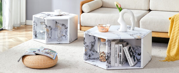 f0455d9580ad4a94bcd01731d82abb98_44bbfde70579e94adbaddc005746b567 Minimalist white patterns hexagonal Coffee Table Set.Hexagonal MDF coffee table, characteristic pattern stickers, multi-hole design to give more storage space.Two coffee tables of different sizes.