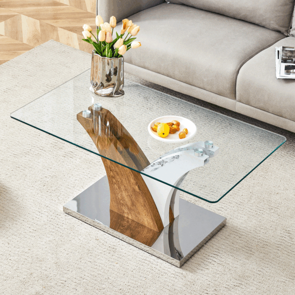 f049fa7b7fce4a9a9a9d4f5692bab9a6_18d4cd9e830bb3a180ae654ce8800236 Rectangular Coffee Table.Tempered glass countertop, and artistic MDF legs,perfect for hosting dinners, conferences, home, and office decorations.White and wood,Dining table,Tea Table.Coffee Table.