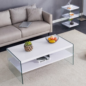 Three-tier bedside table and bunk coffee table set. Made of MDF with white stickers and clear tempered glass on both sides. The design is simple and elegant, with powerful storage functions