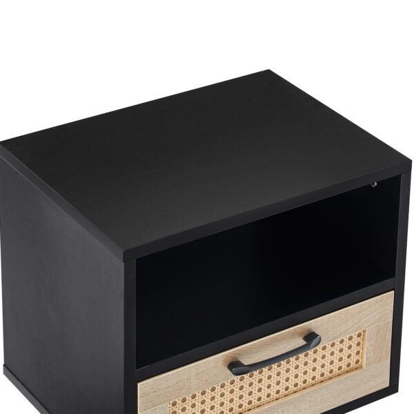 f0597399d7ba4bee899cd3de3c31bc63_20230321_d6680909a0dfc9c1923f79b4240acefd 15.75" Rattan End table with drawer and solid wood legs, Modern nightstand, side table for living room, bedroom, black