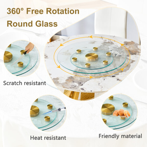 f065f4bb6e704ff5adc88451b45e7326_8d447d83609fa34821a3de4be2a59847 Double layer rotatable round glass.Golden aluminum plate,The rotatable design makes it convenient to retrieve and place items.The upper glass has a diameter of 24 inches, the lower glass15 inches.
