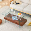 43.3 Inch Modern Two-Tier Coffee Table - Clear Tempered Glass and Dark Wood Grain, Multifunctional Storage Design.The bottom tier includes a drawer.Can be used as a coffee table,side table,etc.
