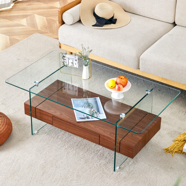 43.3 Inch Modern Two-Tier Coffee Table - Clear Tempered Glass and Dark Wood Grain, Multifunctional Storage Design.The bottom tier includes a drawer.Can be used as a coffee table,side table,etc.