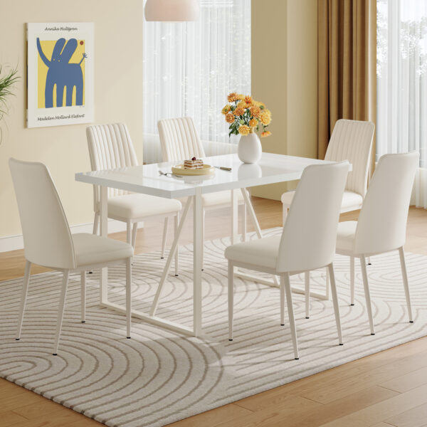 f07a39d815ea415fbe7b188fa3ac4bd4_37cbee4bea8dce6cf221abd55b89c562 55"x31.5"Cream-Style White MDF Dining Table Set with 6 Armless Chairs.The backrest of the dining chair is designed with multiple vertical stripes.Adding a warm atmosphere to your family.
