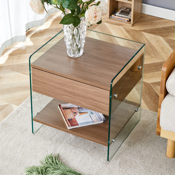 f084da9b7c3348b98215dff05182ecc0_2565cb639b01d22849eacfd97a3edd3a Bedside table with drawers. The board surface is MDF sticker, and both sides are transparent tempered glass. The design is simple and elegant, with excellent storage functions.