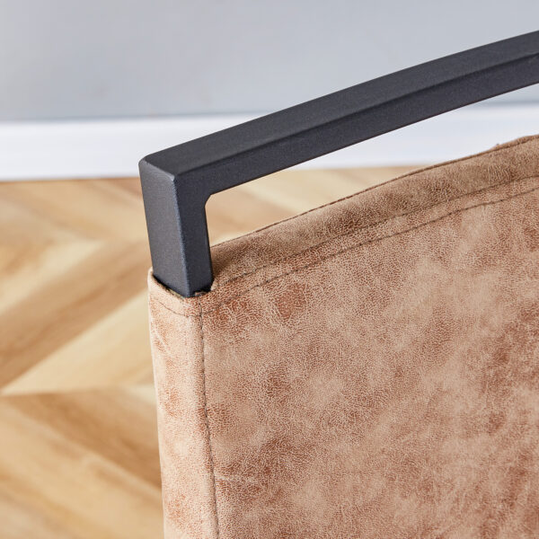 Table and chair set.A retro rectangular dining table with fishbone patterned MDF desktop and black metal legs.Paired With 6 Brown technology fabric chairs with Featuring arched black legs.