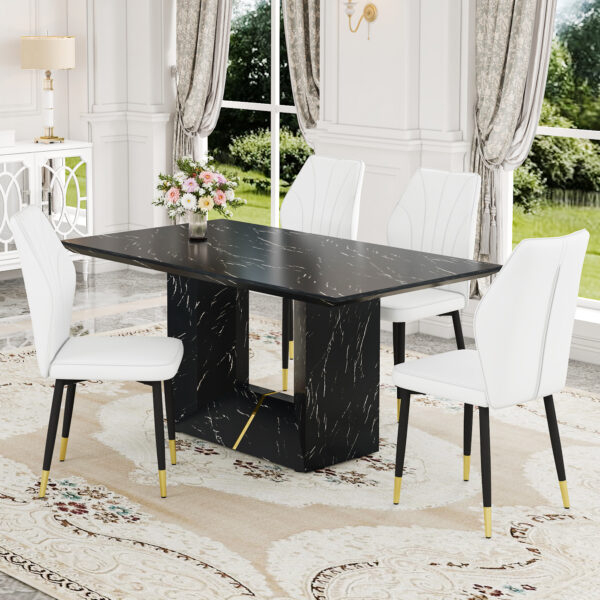 Table and chair set.Black Marble Pattern MDF Dining Set - 63"x35.4" with 4 White PU Chairs With a Widened Backrest Design.Giving you a luxurious feel.