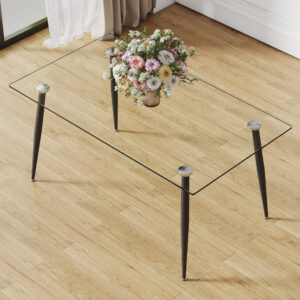 Modern rectangular glass dining table for 4-6 people with tempered glass top and black metal legs, writing desk for kitchen, dining room and living room.