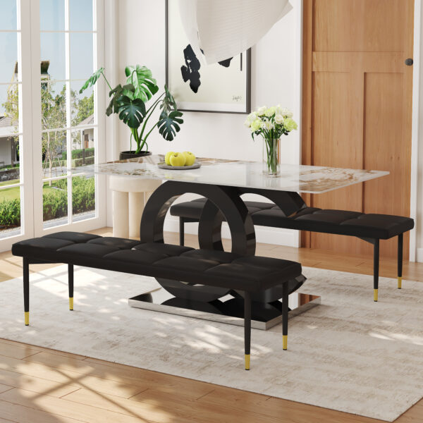 f0dce78b3f6f4c43a85f7a161b92ed85_b04a24d3d63eff8d216b72acb5fa5b5f Table and chair set.63*31.5 Inch Pandora Pattern Sintered Stone Dining Table Set,MDF material OC shaped bracket,Paired With 2 Benches,A Choice of Subtle Luxury for Modern Homes.