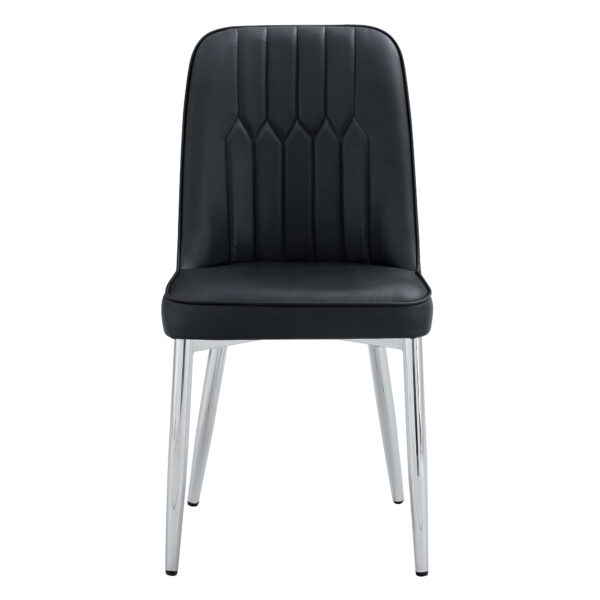 f1009e708d794b40a4355404a4ea4204_264b08212576c802da1f871a58f5441e 6 modern dining chairs, sleek PU backrest, and silver metal legs bring a comfortable home experience to the kitchen, bedroom, and office.Black PU Chairs with Simple Line Designs On The Backrest.