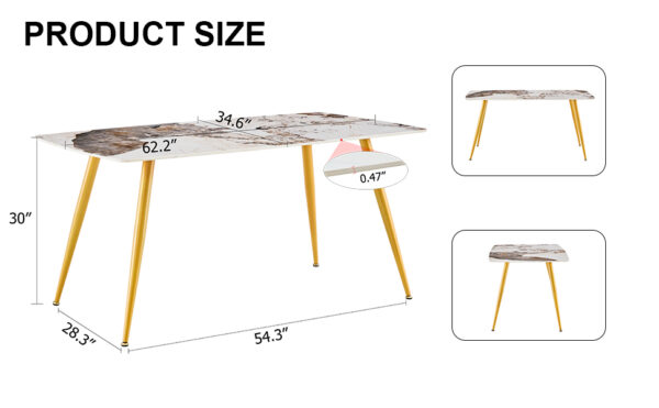 f1158c475e5f41659da7a67833c09e11_f1d1f5c05b864804c853f0c9c0a5a9c2 Modern minimalist dining table. White imitation marble pattern SINTERED STONE desktop with golden metal legs.62.2"*34.6"*30" F-001