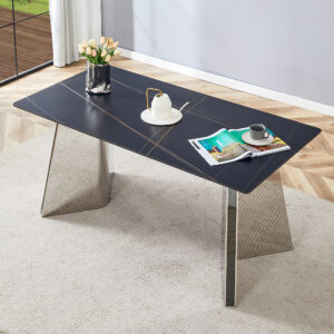 63"x31.5x30" Black Marble-Patterned Slab Dining Table with Stainless Steel Butterfly Legs.The tabletop is designed to be scratch and heat resistant.Slabs Tabletop,Stainless Steels Legs.