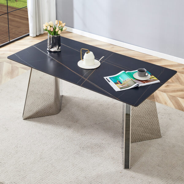 f118e50101de4aeb97af567ed5c286f3_f2727fd5256291d472dedd4ea8a4da99 63"x31.5x30" Black Marble-Patterned Slab Dining Table with Stainless Steel Butterfly Legs.The tabletop is designed to be scratch and heat resistant.Slabs Tabletop,Stainless Steels Legs.