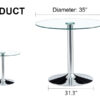 A 35-inch diameter glass top and a modern, minimalist round dining table with silver metal legs. Ideal for dining rooms, living rooms and meeting rooms.