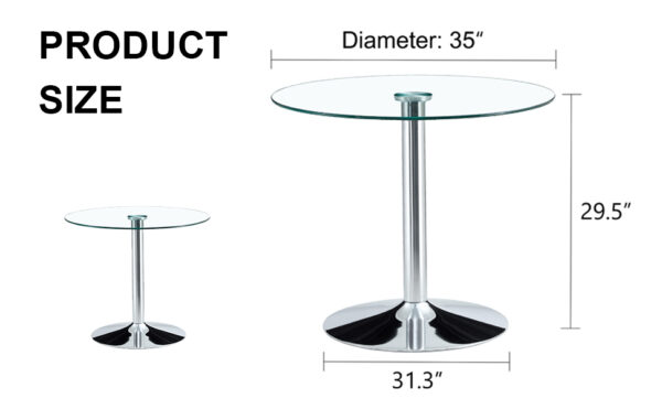 f1268d72283a4bc3b566aa2d721fc6e0_20240320_284301f3450c8f303bf61b9daaabdeac A 35-inch diameter glass top and a modern, minimalist round dining table with silver metal legs. Ideal for dining rooms, living rooms and meeting rooms.