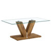 A modern minimalist style coffee table. Transparent tempered glass tabletop with wooden MDF columns. Suitable for living room and dining room.  CT-V