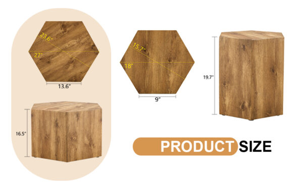 f148f62ae4c94b11ba30e94e01a2fc82_3dbcfd5a64bba541770b042a27f2c4b8 Modern Minimalist Set of Two Hexagonal Wood-Grain MDF Coffee Tables.Modern MDF coffee table, with complex texture patterns, style and texture coffee table to redefine your interior decoration.