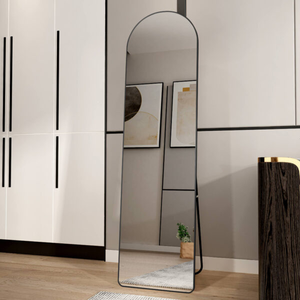 f14e8f20aee244a3900954596f276fc8_20240204_79e6728fdacbffe1c8b344b71734f41a The 4st generation of floor mounted full length mirrors. Aluminum alloy metal frame arched wall mirror, bathroom makeup mirror, bedroom porch, clothing store, wall mounted.Black 59.8 "*16.5"W115112560