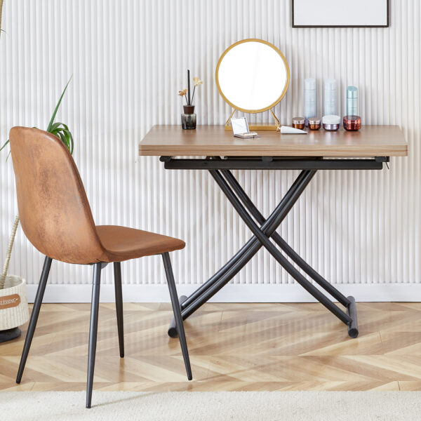 Modern minimalist multifunctional lifting table, with a 0.8-inch wood grain process sticker desktop and black metal legs, can be used as a dressing table, coffee table, dining table, and office table