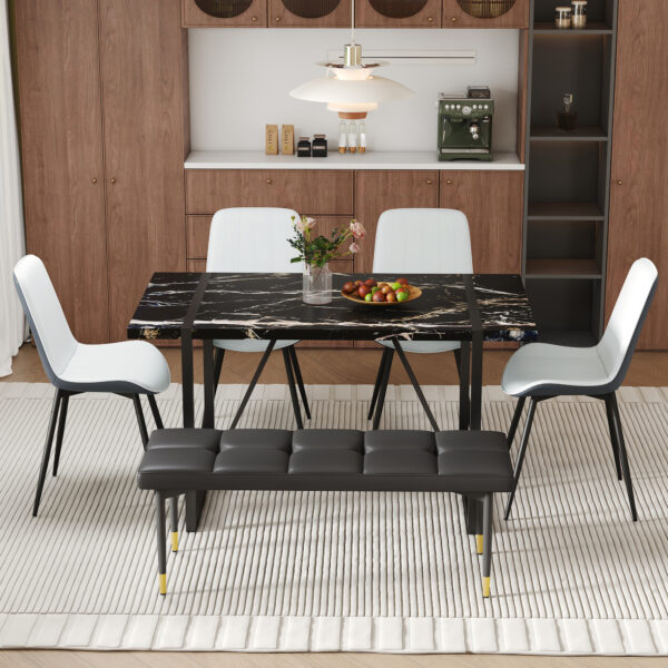 f17f9e5347144f79bd141cf3c006430c_1e5042228f22eedb418da373fb8f2557 Table and chair set.Modern Black Marble Pattern MDF Dining Table Set - 55"x31.4" with 4 Extended Seat Cushion PU Dining Chairs and 1 Bench,A Choice of Subtle Luxury for Modern Homes.